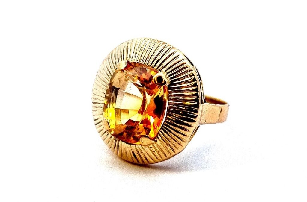 Zlatý prsten se žluto-oranžovým kamenem – citrín, vel. 53