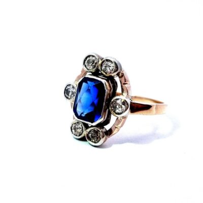Starožitný prsten se safírem a diamanty, vel. 54