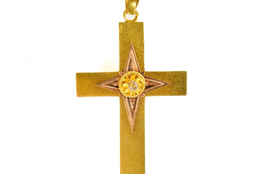 Starožitný zlatý přívěs se zirkonem, kříž