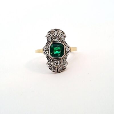 Zlatý prsten se smaragdem a diamanty, Art-deco, vel. 52