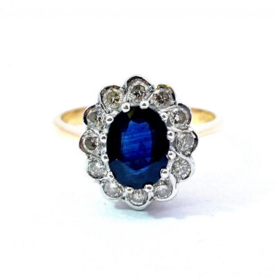 Zlatý prsten se safírem a diamanty, vel. 54,5