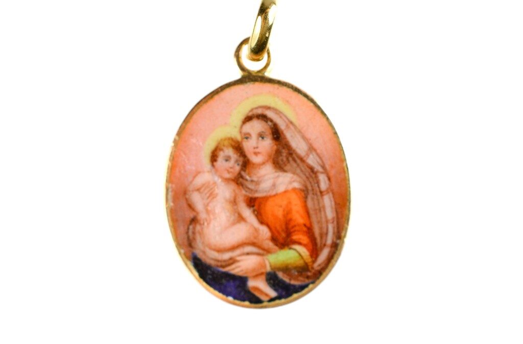 Zlatý přívěs s Marií a Ježíškem