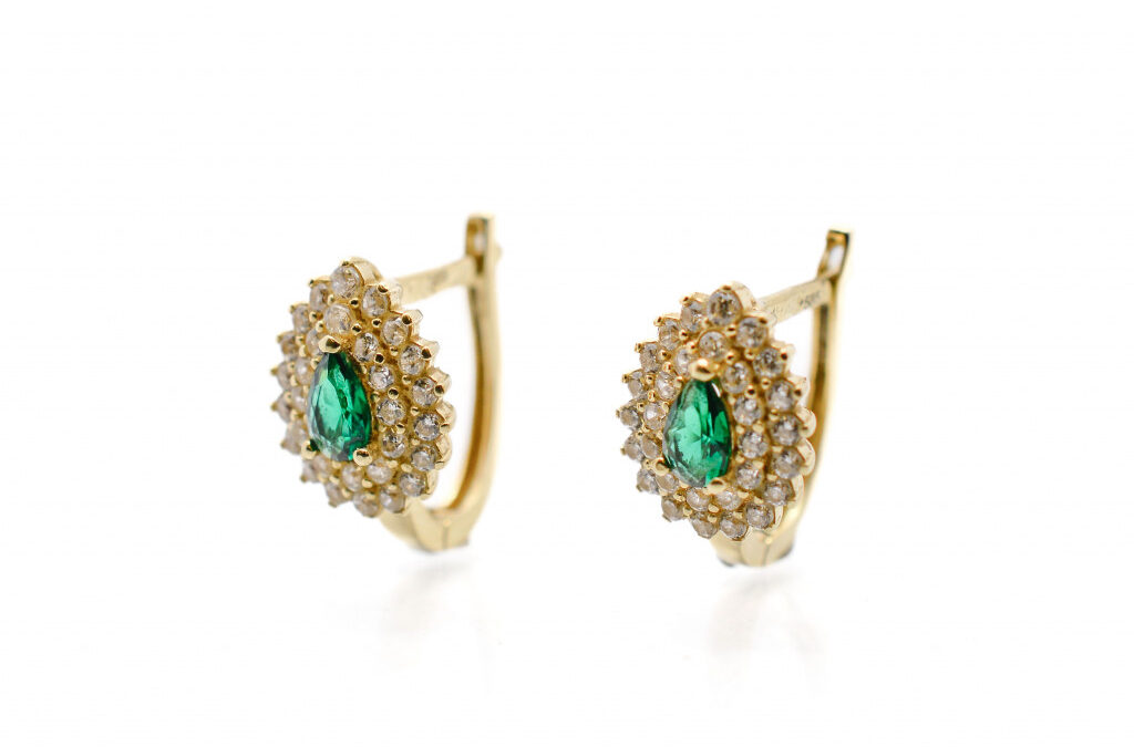 Zlaté náušnice se zirkony a smaragdy, visací